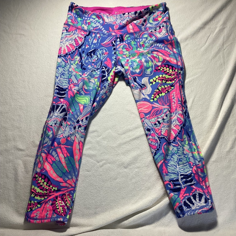 Lilly Pulitzer Luxletic Womens Medium Blue Pink Tropical Floral Crop Leggings